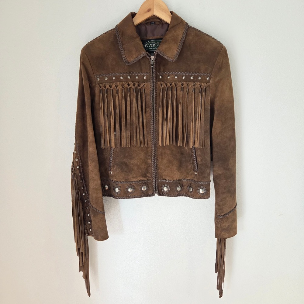 Overland Brown Suede Leather Fringe Western Jacket Concho Whipstitch Womens M